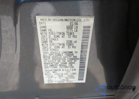 2006 Nissan Pathfinder Se из США, поврежденный, VIN 5N1AR18W56C631726